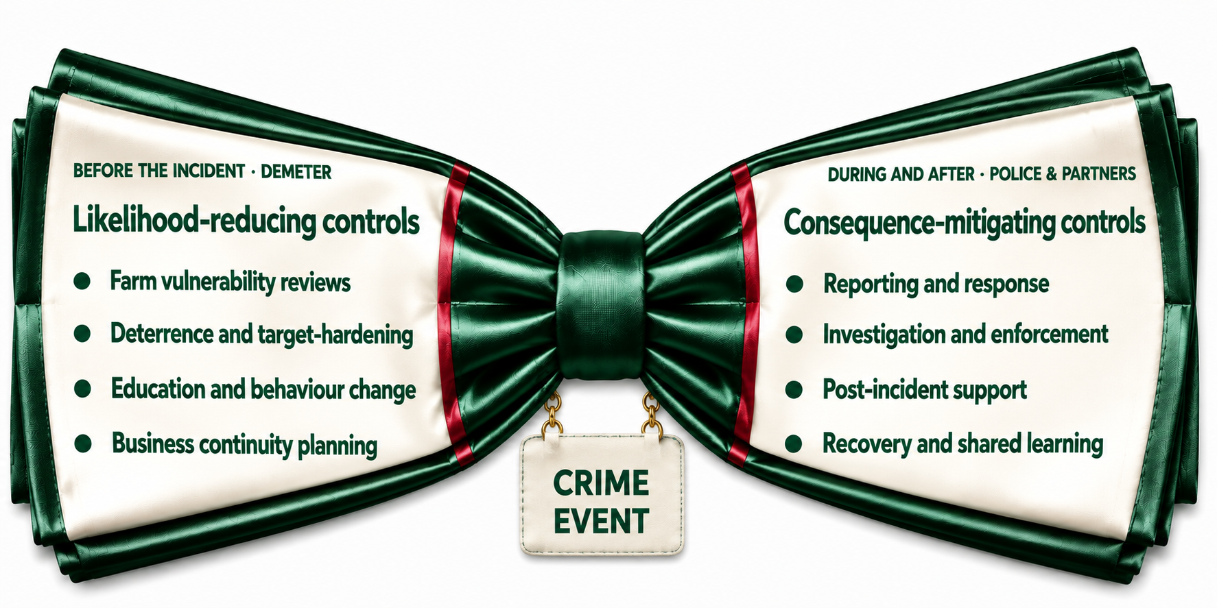 Demeter bowtie showing rural crime risk controls before, during, and after a crime event