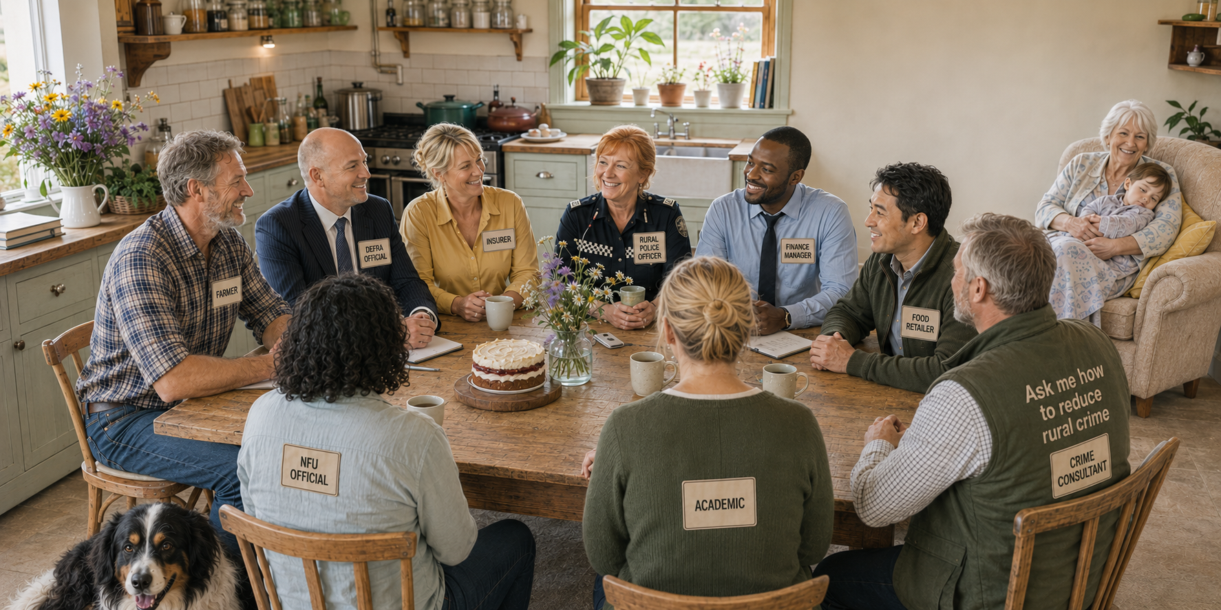 Rural stakeholders discussing the Demeter Initiative around a kitchen table